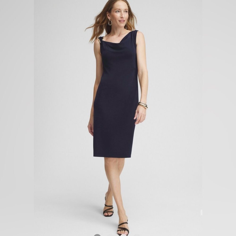 Chico’s Traveler Cowl Neck Dress SZ 2 US L Sleeveless Pullover Knee Length Blue